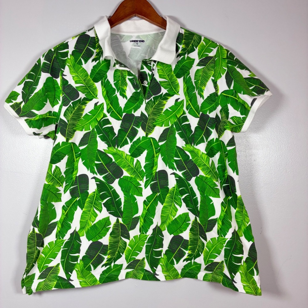 Lands' End Polo Shirt XL Tropical Banana Leaf Pique Preppy Coastal Vacation